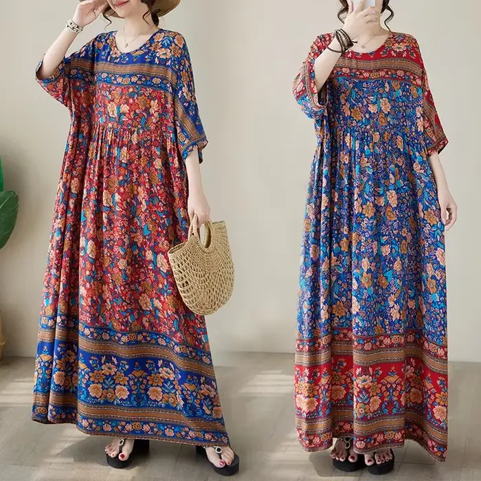Robe d'été grande taille en soie style bohème col rond manches courtes imprimé floral ample pour femmes sorties décontractées et occasions spéciales
