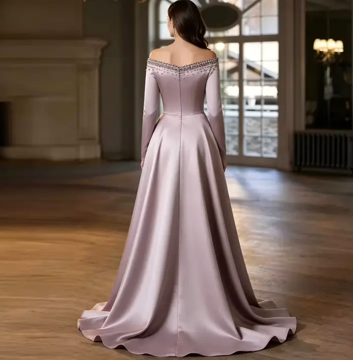 Robe de mère de la mariée en satin personnalisée, coupe trapèze, col en V, perles, soutien-gorge intégré, pour occasions spéciales et événements formels
