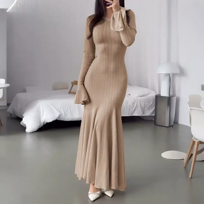 Robe longue pull coupe cintrée polyester kaki pour femmes occasions spéciales automne hiver