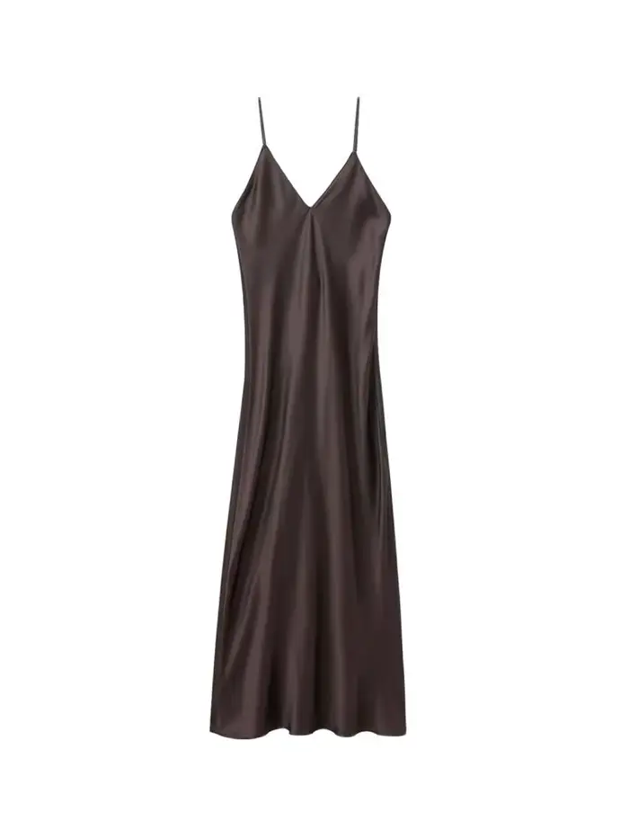 Robe mi-longue en satin polyeste col en V bretelles fines dos nu sexy pour femmes occasions spéciales