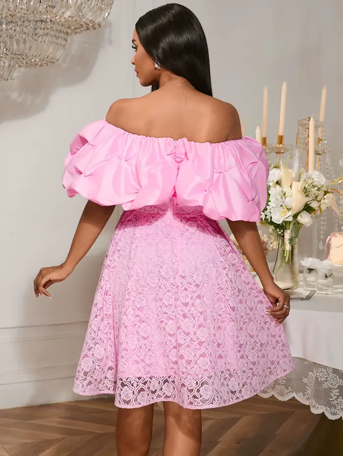 Robe rose à épaules dénudées manches bouffantes dentelle florale ligne A pour femmes soirées d'entreprise anniversaires mariages