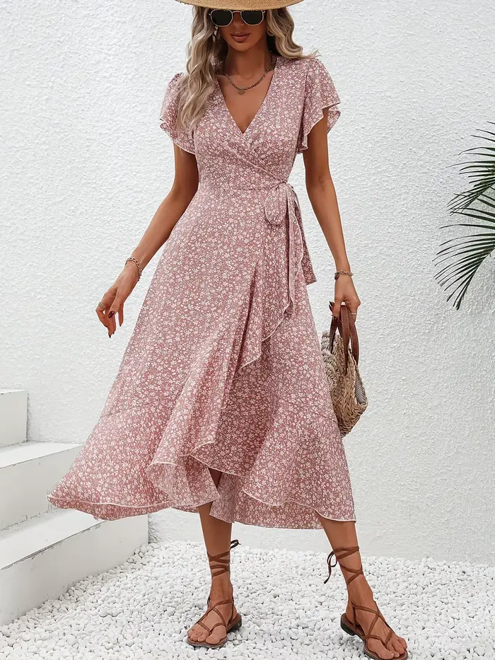 Robe d'été pour femmes, sexy, col en V, manches courtes, taille haute irrégulière, à lacets, imprimé floral, robes de plage décontractées