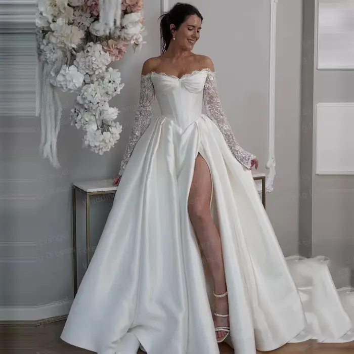 Robes de mariée de luxe à paillettes, ligne A, Sexy, épaules dénudées, manches longues, fendues, per