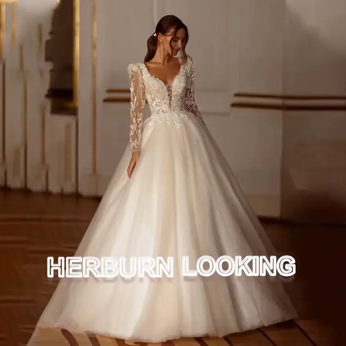 Robes de mariée élégantes HERBURN, style A, pour femmes, appliques, illusion, corset, ceinture, robe
