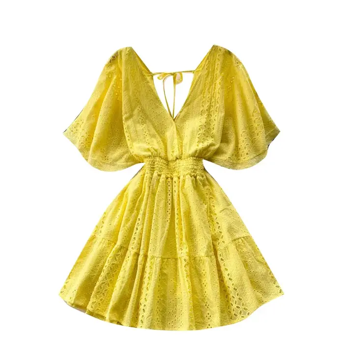 Frenchic-Robe d'été à col en V pour femme, ligne A, amissié, à lacets, mi-mollet, manches Everak, robe éducative, livraison directe