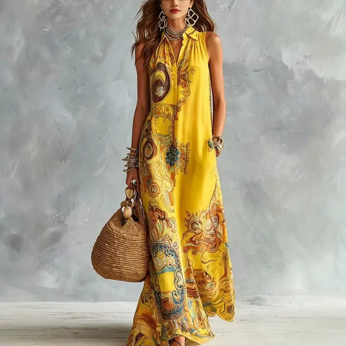 Robe longue élégante sans manches pour femme imprimée numériquement col rabattu simple boutonnage style bohème été occasions spéciales