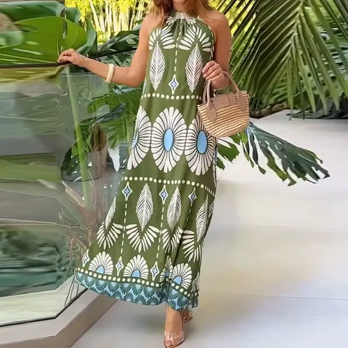 Robe plissée élégante pour femme, taille haute, style bohème, imprimé, ample, sans manches, épaules 