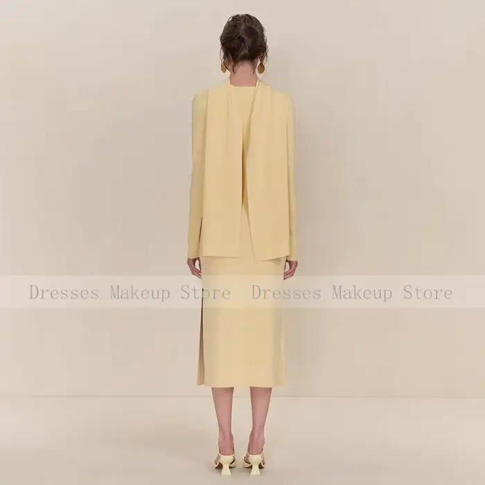 Robe de cocktail mi-longue 2 pièces, fendue sur le côté, longueur thé, colonne, robes de soirée formelles avec veste, manches longues, robes de soirée pour femmes