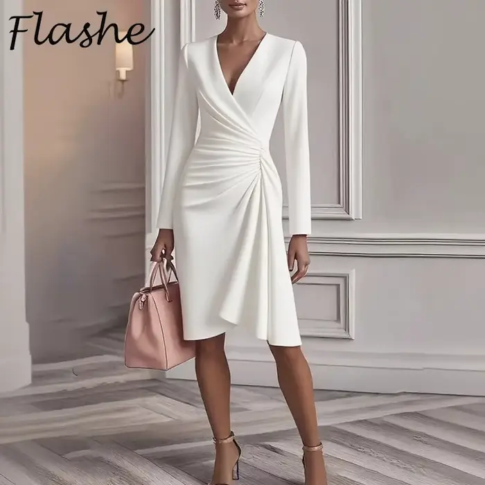 Robe mi-longue élégante à col en V pour femmes mode manches longues taille haute couleur unie tenue de bureau mode automne robe de soirée
