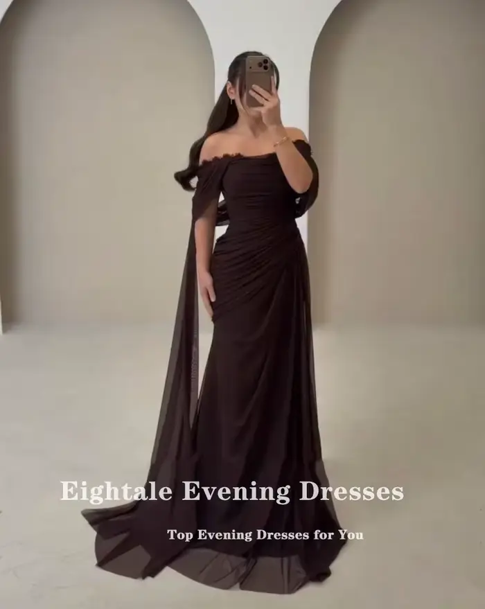 Robe de soirée arabe Eightale en mousseline de soie, plissée sur mesure, décolleté en cuillère, dentelle, silhouette sirène, train de balayage, occassionnelle soirée festive, sans manches, soutien gorge intégré