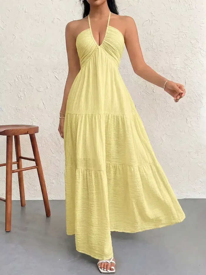 Robe décontractée style bohème jaune à volants dos nu col halter pour femmes printemps été vacances plage romantique sorties nocturnes