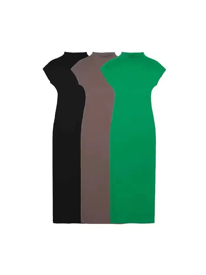 Femmes mode ajusté tricot robe mi-longue Vintage col rond manches courtes robes féminines robes Mujer