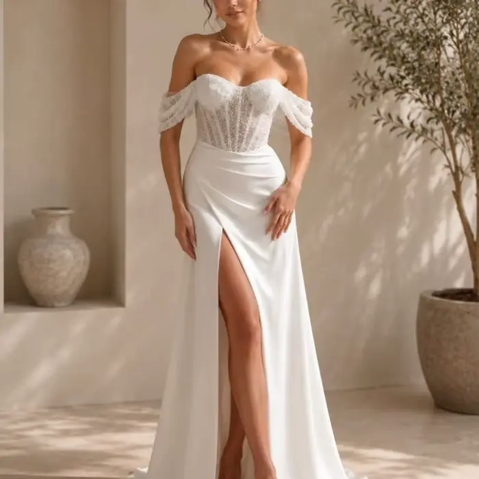 Robe de mariée sirène blanche personnalisable en polyester avec manches courtes en dentelle et soutien-gorge intégré pour cérémonies de mariage et événements spéciaux
