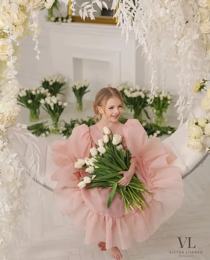 Robe de soirée en organza rose pour mère et fille élégante à volants pour soirées officielles et photoshoots