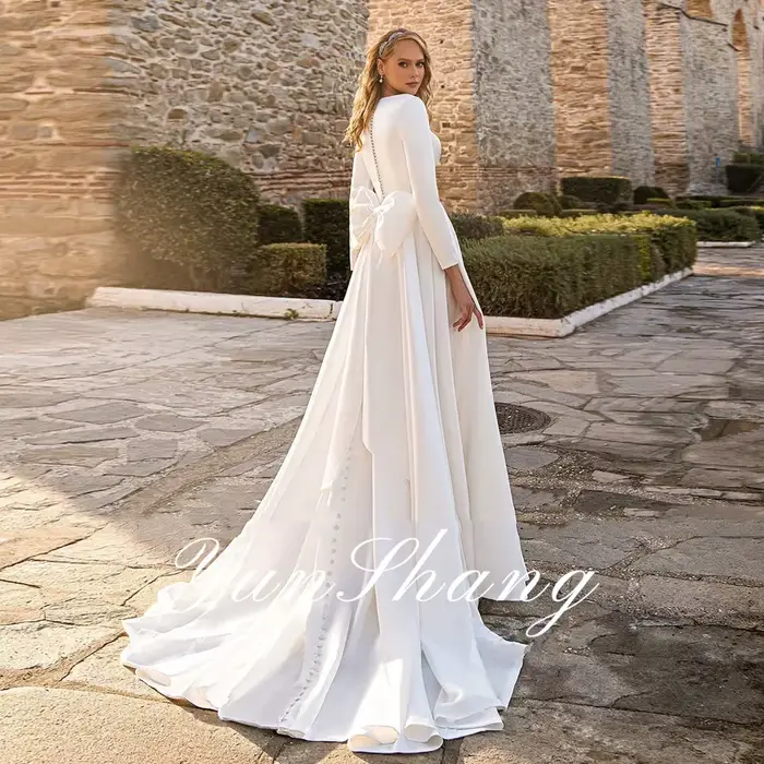 Yunshang-Robe de mariée A-ligne simple personnalisée, robes de patients à plis en satin, col rond, manches longues, nœud, train de balayage, éducatif