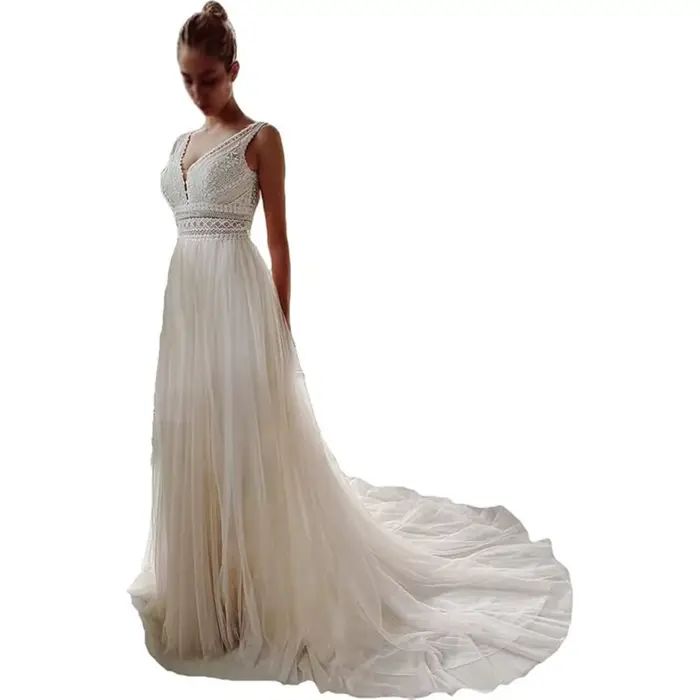 Robe de mariée personnalisée style bohème romantique ivoire sans manches décolleté plongeant en V corsage en dentelle perlée à la main pour femmes occasions spéciales