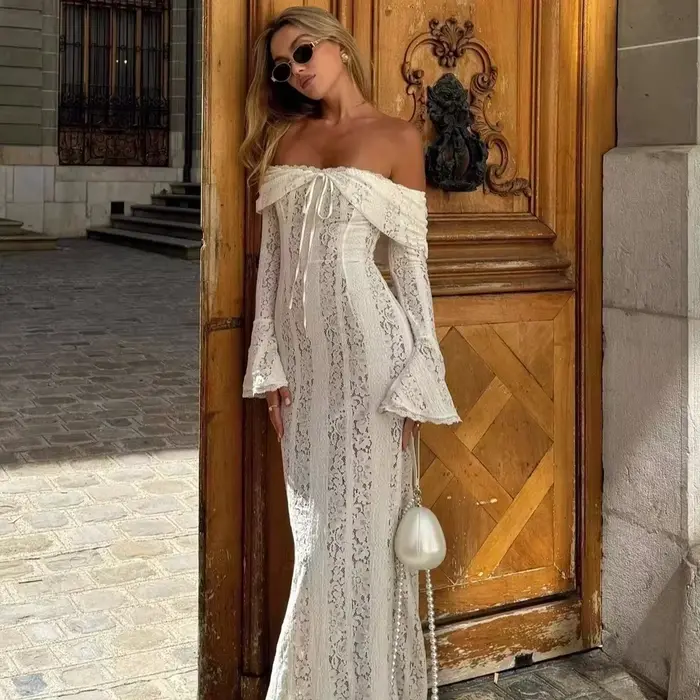 Robe de Soirée Épaules Dénudées Dentelle Rouge Élégante pour Mariage Bal Gala Femme Occasions Spéciales