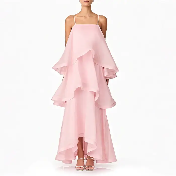 Chic rose doux couche ourlet licou robe sans manches une ligne fête Maxi Robes élégantes longues