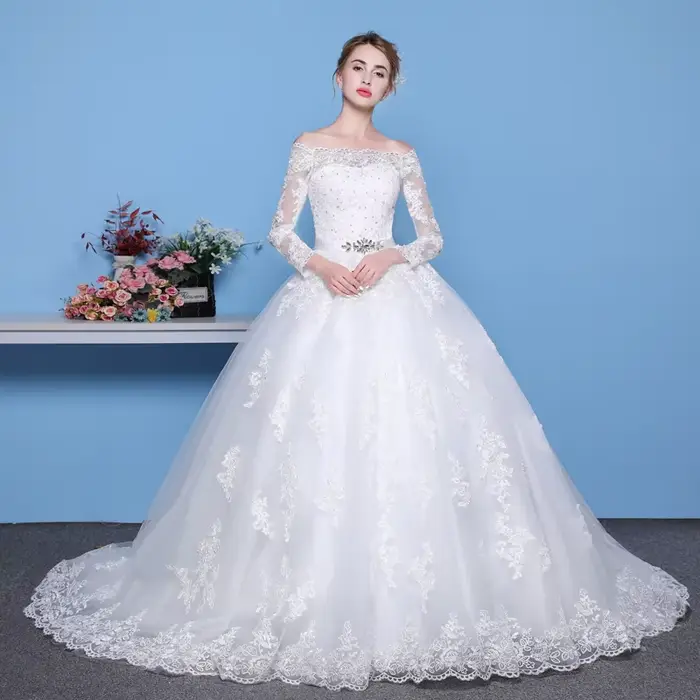 Robe de mariée en dentelle de princesse, manches longues, épaules dénudées, vintage, luxe, pour femmes, occasions spéciales, mariage, gala de charité