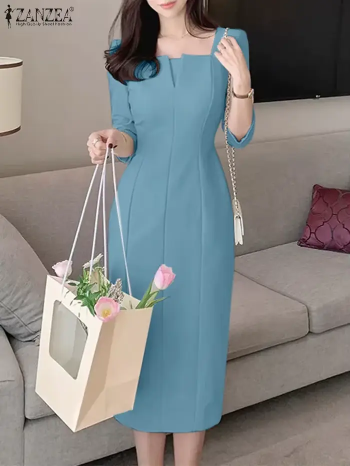 Robe ZANZEA élégante en polyester col carré trois quarts pour femmes occasions spéciales soirée famille mariage