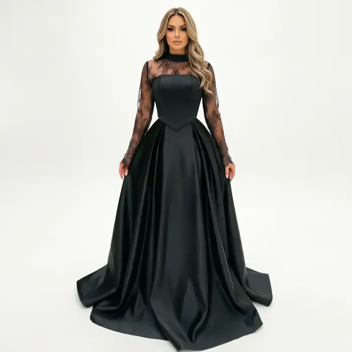 Robe de mariée noire arabe Eightale, personnalisée, col haut, manches longues, style A-Line, en sati