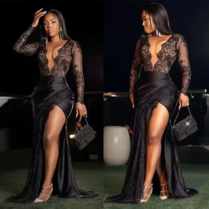 Robe de bal sexy en dentelle noire, décolleté plongeant en V profond, fente haute, robe de soirée pe