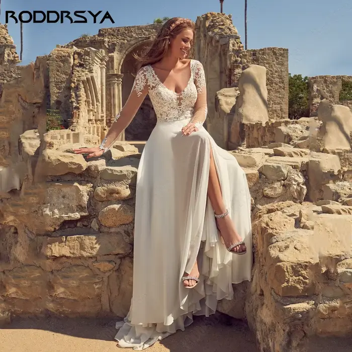 Roddrsya robe de mariée classique manches longues illsuion dos robe de mariée Party mousseline RODDR
