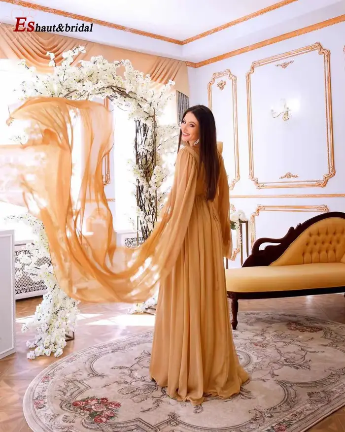 Robe de Soirée Élégante en Mousseline Boîteuse avec Manches Longues et Col Rond Doré pour Femme Occasions Spéciales Soirées Officielles Mariages Bal