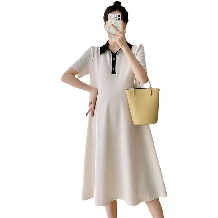 Robe de maternité d'été à manches courtes col rabattu polyester élasthanne dessin animé drap fin pour femmes occasions spéciales grossesse confort élégance