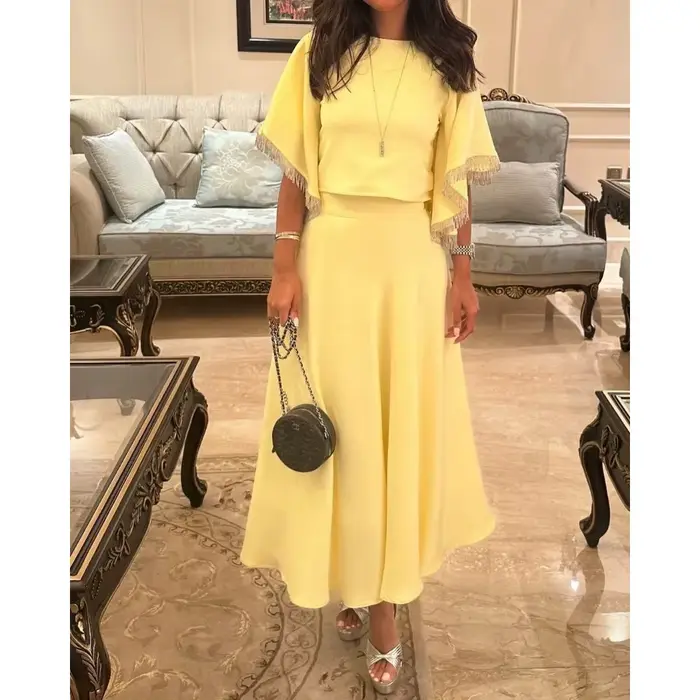 Robe de soirée jaune élégante, col rond, demi-manches, pompon, longueur cheville, ligne A, robes de 