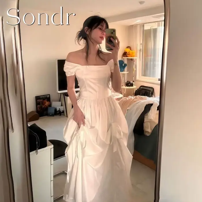 Sondr personnalisé col carré robes de mariée simples coréen séance Photo manches courtes robes de ma