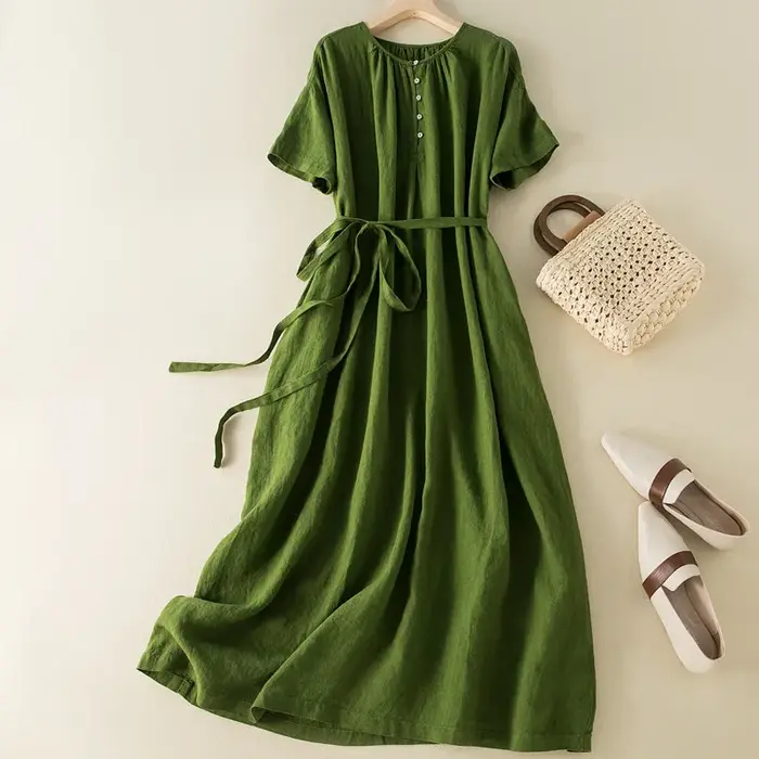 Robe en coton et lin décontractée vintage maxi à lacets pour femmes d'été ocasions spéciales et quotidiennes