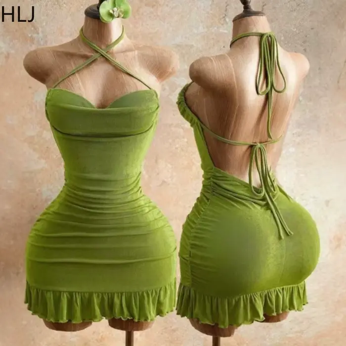 HLJ – Mini robe sexy vert olive pour femmes