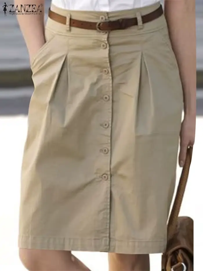 ZANZEA femme mode OL travail jupes été élégant taille haute jupe femme décontracté Robe plissée Vint