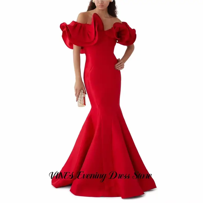 VINES Robes de bal rouges, robes de soirée sirène en satin, style célébrité unique, épaules dénudées