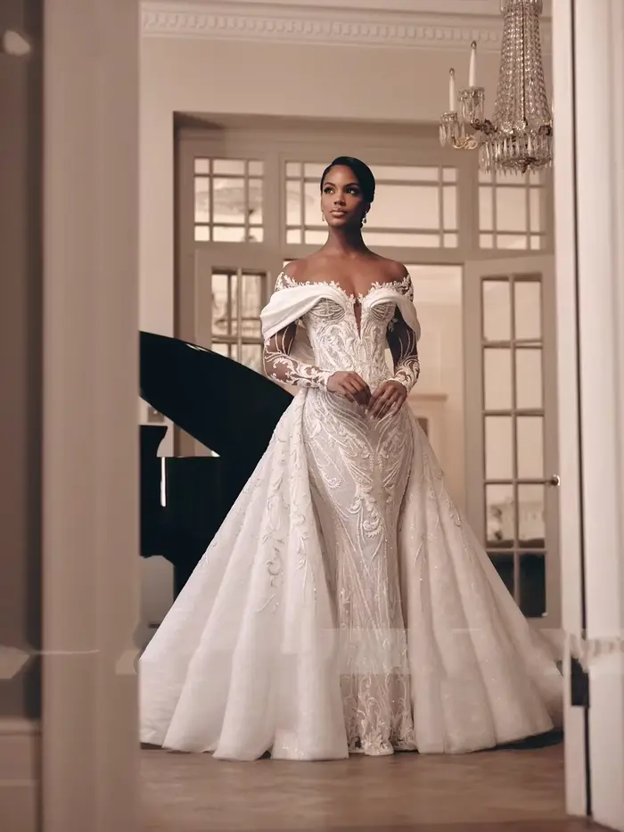 Luxe dentelle 2 en 1 robe de mariée sirène perles broderie Illusion cou trompette robes