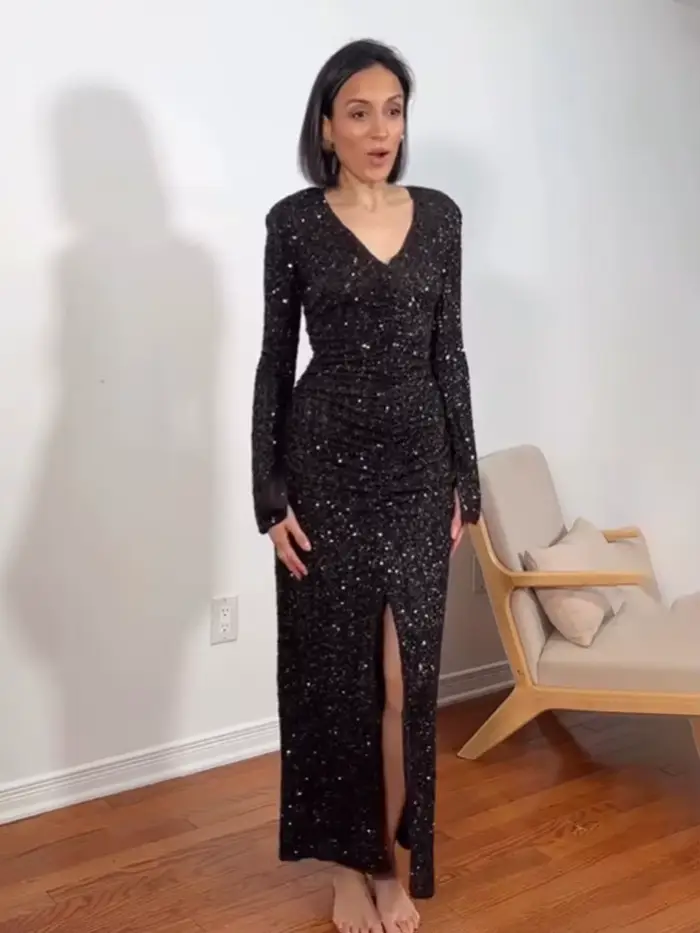 Robe sexy col V en polyester avec paillettes pour femmes, élégante et cintrée, pour occasions spéciales et événements formels