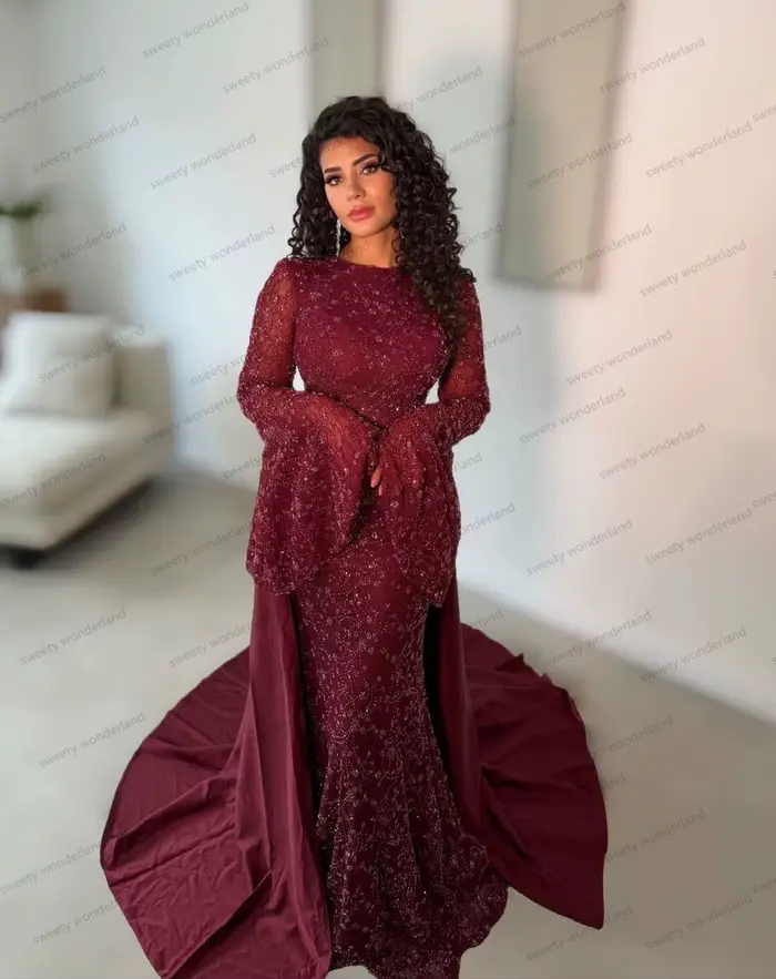 Robes de soirée bordeaux en dentelle et sequins avec traîne détachable, manches longues, robe de bal