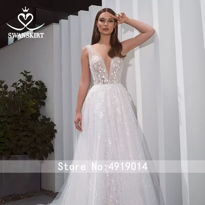 Robe de mariée SwanSarah F261 romantique à col en V, boho, appliques de perles, ligne A, fleurs 3D, personnalisable pour femmes occasions spéciales
