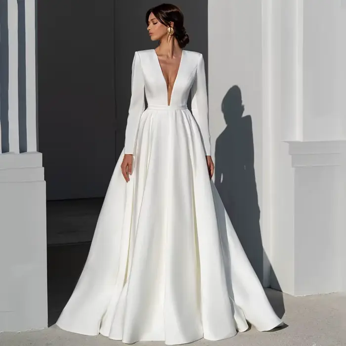 Robe de mariée trapèze, col en v, manches longues, style Boho, plage, dos nu, princesse, robes de ba
