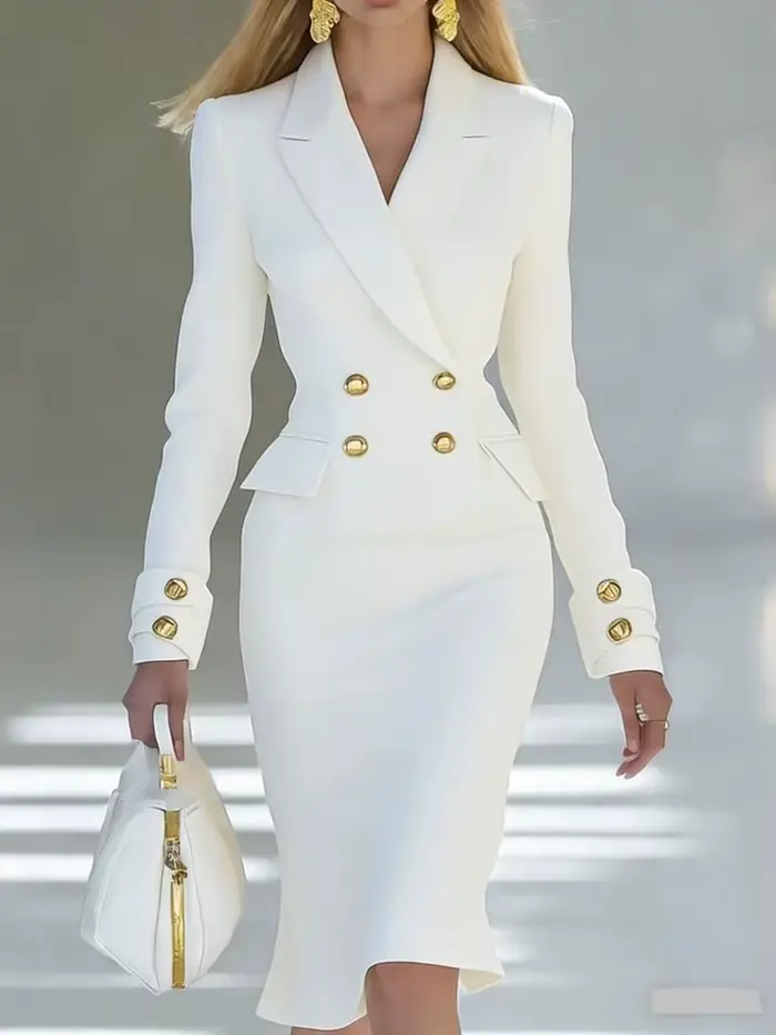 Robe Blazer élégante à double boutonnage en polyester avec col en V pour femmes, occasions spéciales, soirée décontractée, manches longues