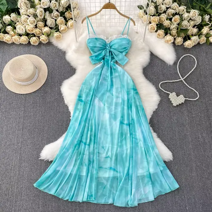 Foamlina lac bleu plage vacances robe femmes été magnifique Sexy dentelle licou cravate taille fée M