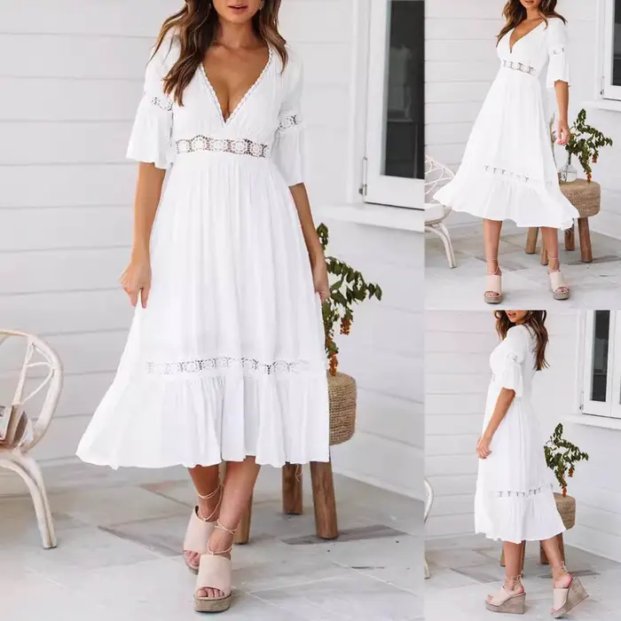 Robe en polyester décontractée avec décolleté en V et dentelle pour femmes, idéale pour les mariages, les soirées et les vacances
