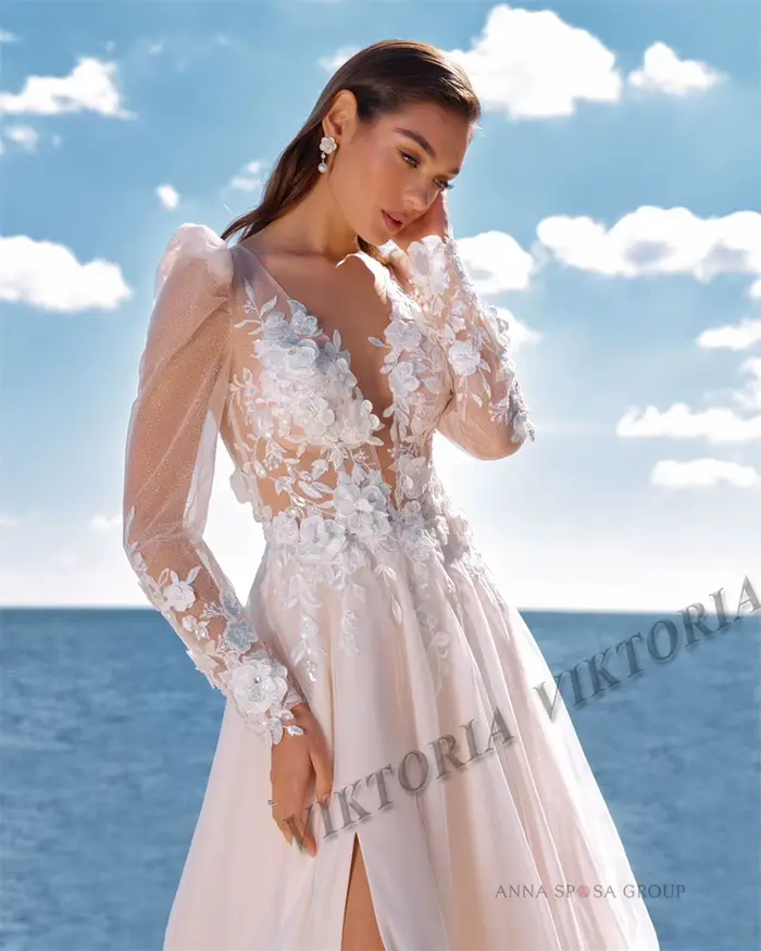 Robe de Mariée Viktoria en Polyester et Acrylique, Col en V, Appliques, Personnalisable pour Femmes Occasions Spéciales