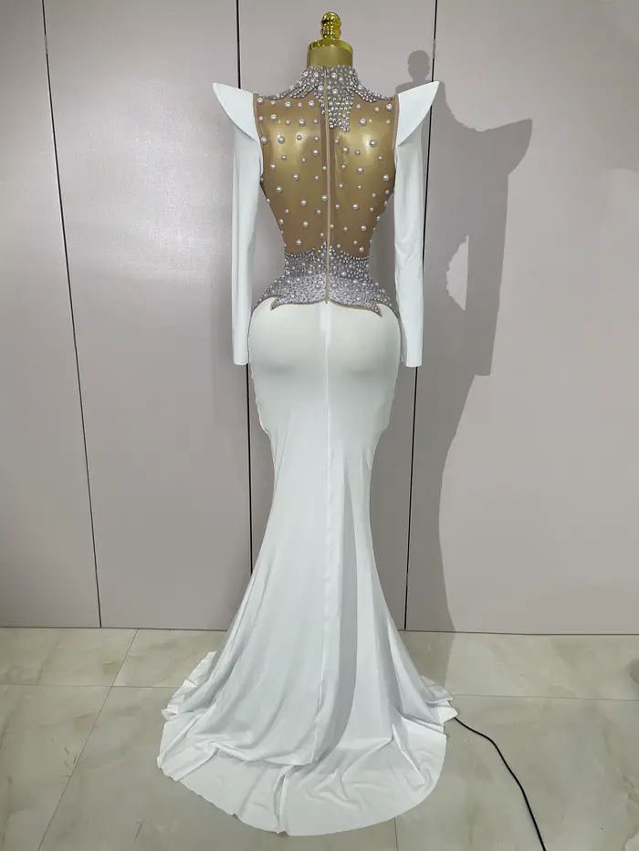 Robe longue de luxe en maille transparente pour femmes, diamants scintillants, blanc perle, robe de