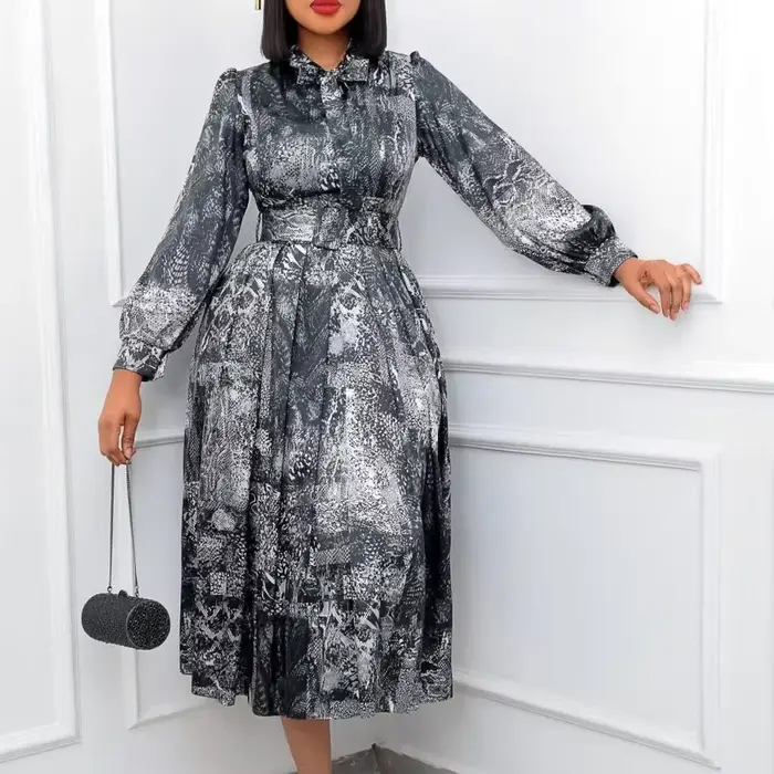 Robes vintage élégantes pour femmes, col nœud, manches longues, ceinture à la taille, ligne A, mi-mo