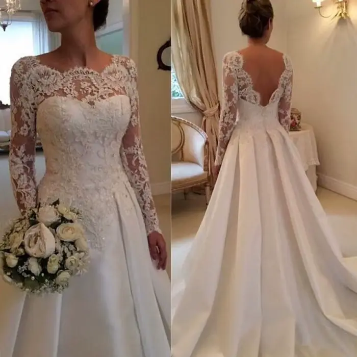 Maria Novia Satin Simple moderne robes de mariée à manches longues dentelle col en v balayage Train une ligne princesse