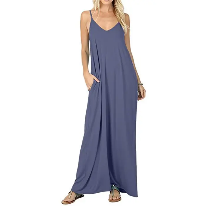 Robe décontractée en polyester bleu marine sans manches pour femmes, col en V, pull-over, ample et débardeur pour les occasions estivales