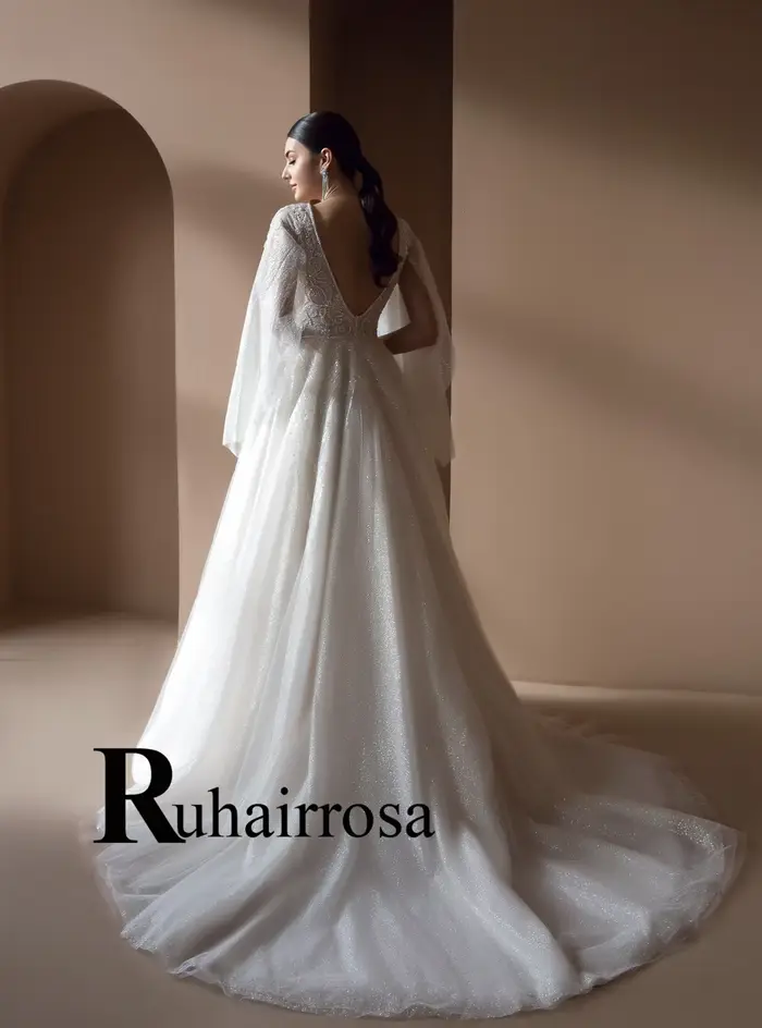 Ruhair robes De mariée modernes dos nu manches évasées Appliques col en v Tulle a-ligne plissée Robe De soirée De Mariage personnalisé