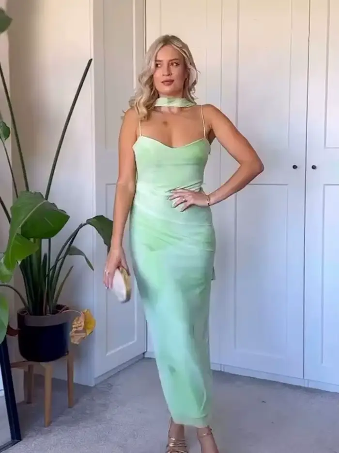 HH femmes vacances d'été vert clair romantique écharpe décorée Tulle robe mi-longue femme dos nu mince Sexy fronde
